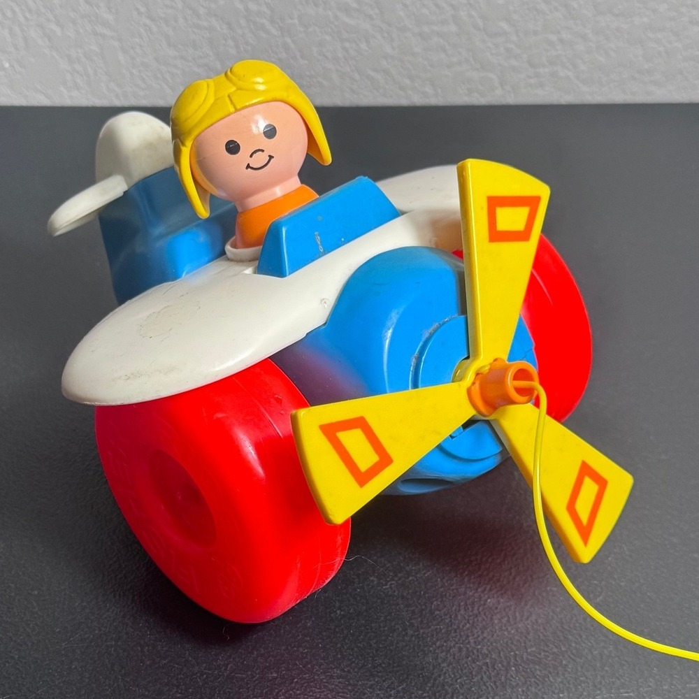 Vintage 1980‎ Fisher Price Airplane Pull Toy 171 Pilot Spinning Propeller